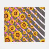 Couverture Polaire Belles fleurs jaunes sur gris, rayures roses (Devant (Horizontal))