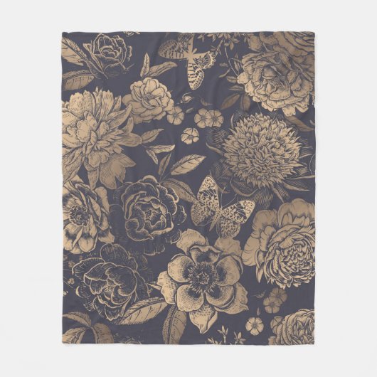 Couverture Polaire Belles pivoines de fleurs, roses et papillons.  (Devant)