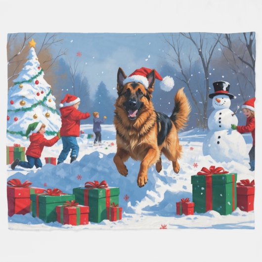 Couverture Polaire Berger allemand courant dans la neige avec Casquet (Devant (Horizontal))