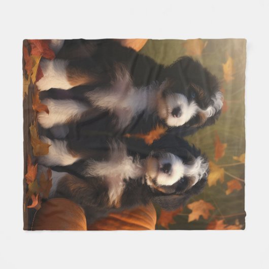 Couverture Polaire Bernedoodle Chiot Automne Citrouille de plaisir (Devant (Horizontal))