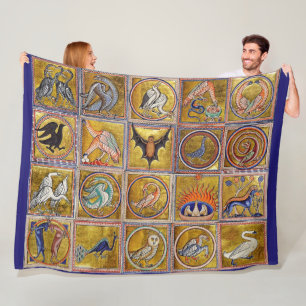 COUVERTURE POLAIRE BESTIAIRE MÉDIÉVAL, ANIMAUX FANTASTIQUES, ROUGE D'