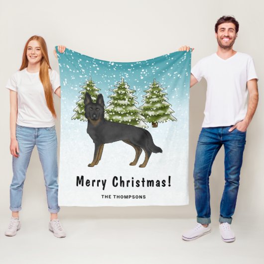 Couverture Polaire Bi-Black German Shepherd Winter Forest Nom de fami (En situation)