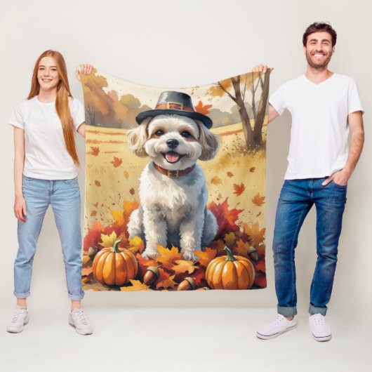 Couverture Polaire Bichon Frise À L'Automne Feuilles Thanksgiving Art (En situation)