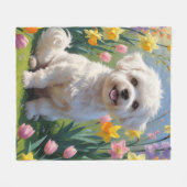 Couverture Polaire Bichon Frise Chien Fleurs de printemps Peinture (Devant (Horizontal))