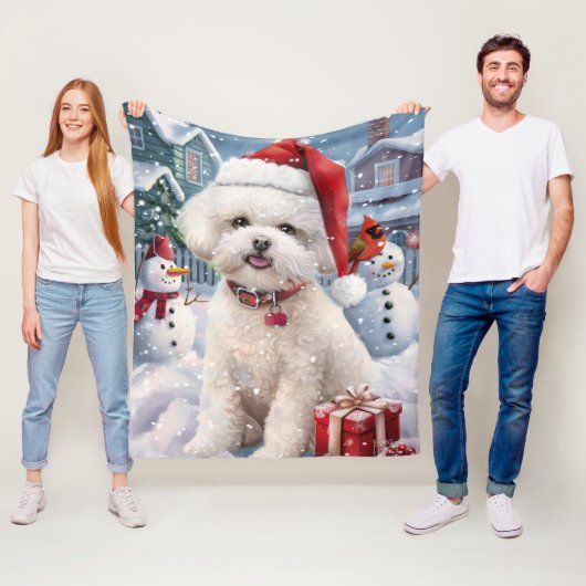 Couverture Polaire Bichon Frise Chien Hiver Merveilles Pays de Noël J (En situation)