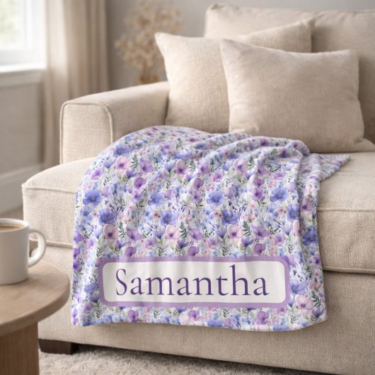 Couverture Polaire Birthday Gift Purple Floral Personalized Name