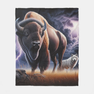 Couverture Polaire Bison et loup dans un orage avec éclair