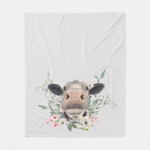 Couverture Polaire bisou de nez de vache fleurs aquarelle gris animal