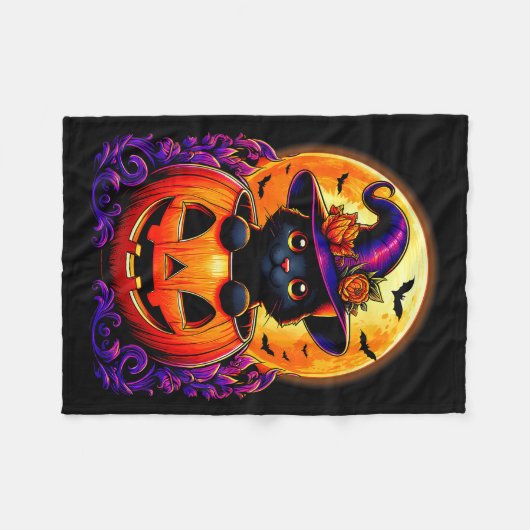 Couverture Polaire Black Cat Witch Hat Pumpkin Funny Halloween Men Wo (Devant (Horizontal))