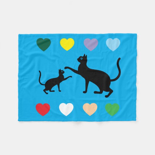 Couverture Polaire Black Cats & Rainbow Hearts on Blue Fleece Blanket (Devant (Horizontal))