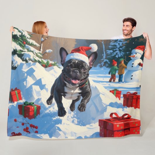 Couverture Polaire Black French Bulldog Festive de Noël Scène de neig (En situation)