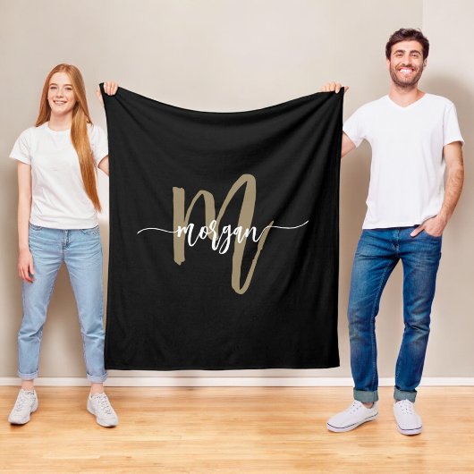 Couverture Polaire Black Gold Modern Script Girl Monogramme Nom