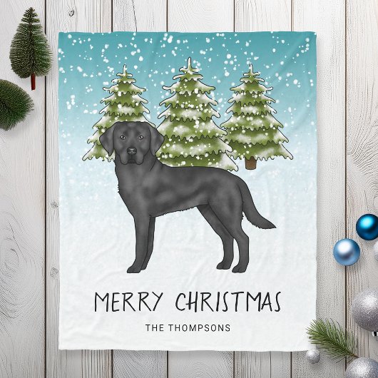 Couverture Polaire Black Labrador Retriever Winter Forest Texte perso