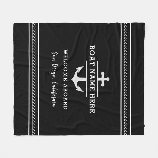 Couverture Polaire Black Nautical Boat Name Welcome Aboard Anchor (Devant (Horizontal))