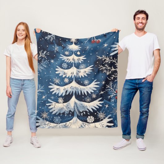 Couverture Polaire Blanc Bleu Arbre de Noël Vacances Fleece Blanche (En situation)