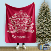Couverture Polaire Blanc sur arbre de Noël scandinave rouge