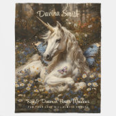 Couverture Polaire Blanc Unicorne Bleu Papillon prairie Art Floral (Devant)