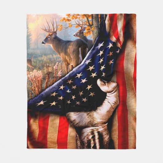 Couverture Polaire Blanche Drapeau Américain De Cerf, (Devant)