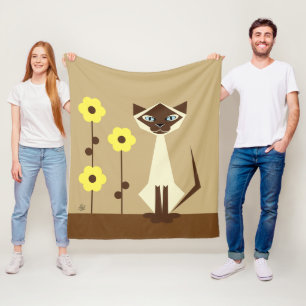 Couverture Polaire Blanche en fleur jaune et en chat siamois