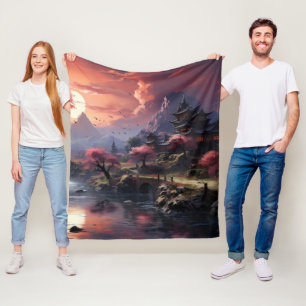 Couverture Polaire Blanche en polaire d'art paysager japonais