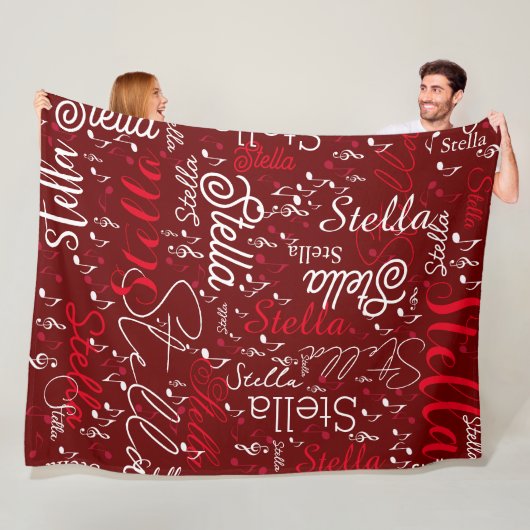 Couverture Polaire Blanche en polaire rouge foncé avec notes musicale (En situation)