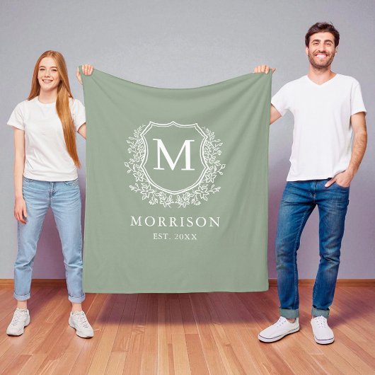 Couverture Polaire Blason rustique monogramme vert sauge jeunes marié