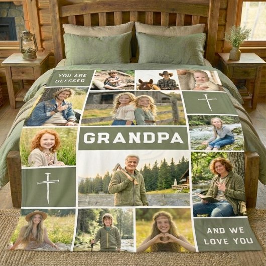 Couverture Polaire Blessed Loved Grandpa 12 Photo Collage Custom Text