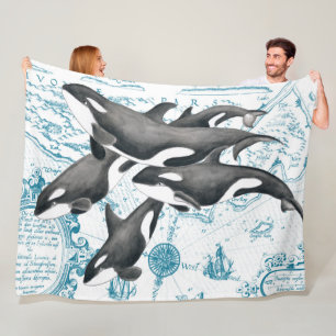 Couverture Polaire Bleu antique de famille de baleines d'orque