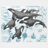 Couverture Polaire Bleu antique de famille de baleines d'orque (Devant (Horizontal))