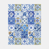 Couverture Polaire Bleu, Blanc et Jaune Motif Floral Méditerranéen (Devant)