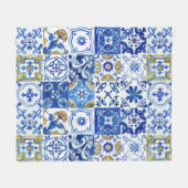 Couverture Polaire Bleu, Blanc et Jaune Motif Floral Méditerranéen (Devant (Horizontal))