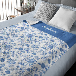 Couverture Polaire Bleu Blanc Floral Personnalisé Nom