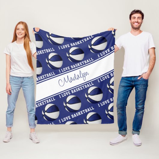 Couverture Polaire bleu blanc J'aime basket filles sport décoration (En situation)
