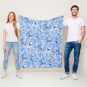 Couverture Polaire Bleu Bleu Blanc Floral Paisley Art Motif
