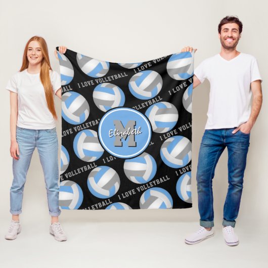 Couverture Polaire bleu clair gris J'aime volleyball texte motif (En situation)