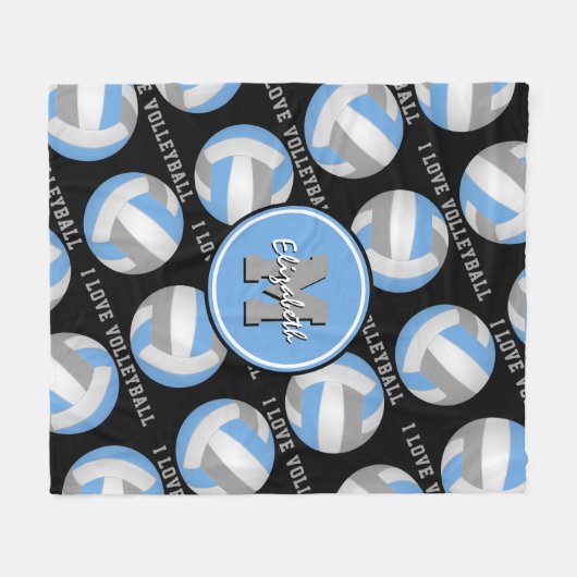 Couverture Polaire bleu clair gris J'aime volleyball texte motif (Devant (Horizontal))