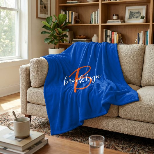 Couverture Polaire Bleu Cobalt Orange Blanc Monogramme Nom
