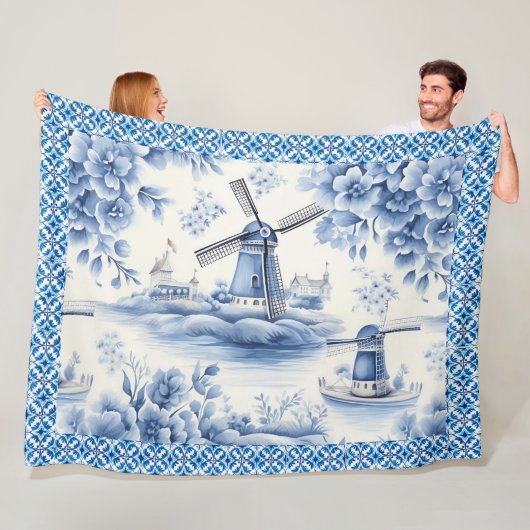 Couverture Polaire Bleu Delft Windmill Flore Carrelage Bordure (En situation)