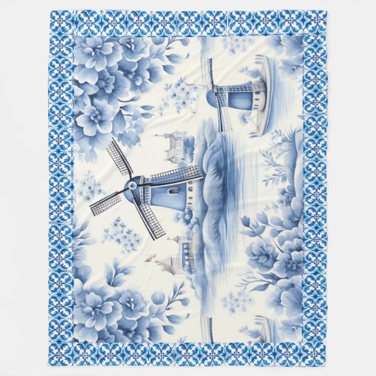 Couverture Polaire Bleu Delft Windmill Flore Carrelage Bordure (Devant)