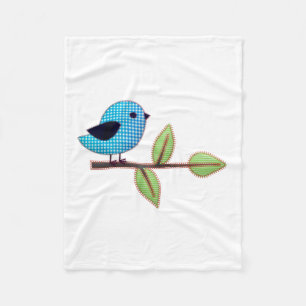 Couverture Polaire Bleu En vichy bébé oiseau avec Feuilles de broderi