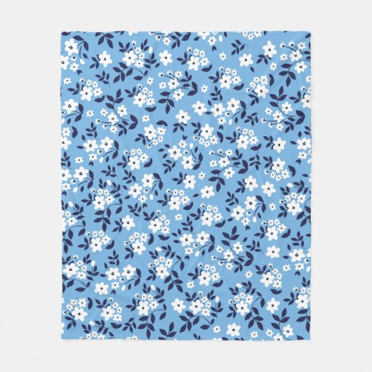 Couverture Polaire Bleu, Fleurs blanches : Vintage (Devant)