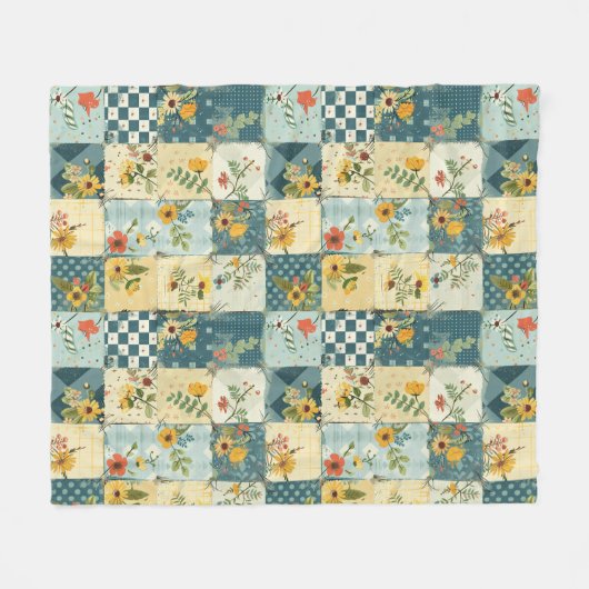Couverture Polaire Bleu Jaune Vert Courtepoint Patchwork Gingham Flor (Devant (Horizontal))