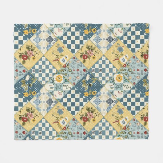 Couverture Polaire Bleu Jaune Vert Courtepoint Patchwork Gingham Flor (Devant (Horizontal))