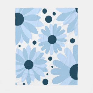 Couverture Polaire Bleu marguerite de style rétro et points bleu fonc