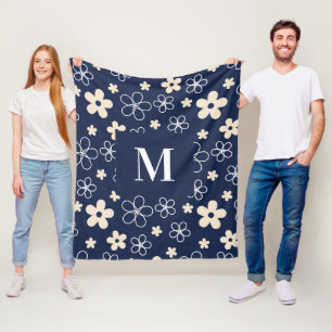 Couverture Polaire Bleu marine motif floral crème rétro