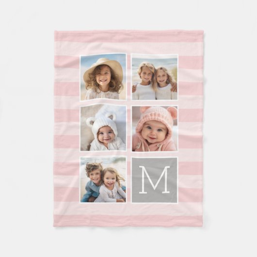 Couverture Polaire Bleu Pink Stripes - 5 Photo Collage Monogramme (Devant)