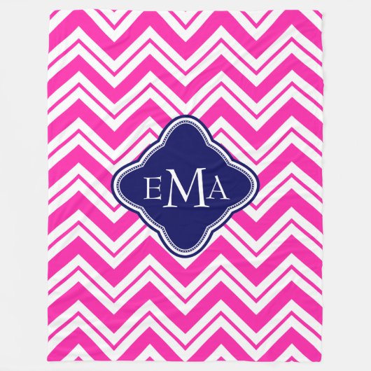 Couverture Polaire Bleu Rose Et Blanc Zigzag Chevron 2 Monogramme (Devant)