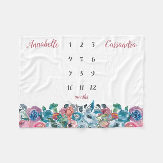 Couverture Polaire Bleu rose flou floral Twin Milestone Baby (Devant (Horizontal))
