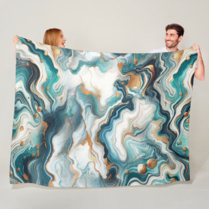 Couverture Polaire Bleu Sarcelle Or Blanc Marbre Moderne Agate