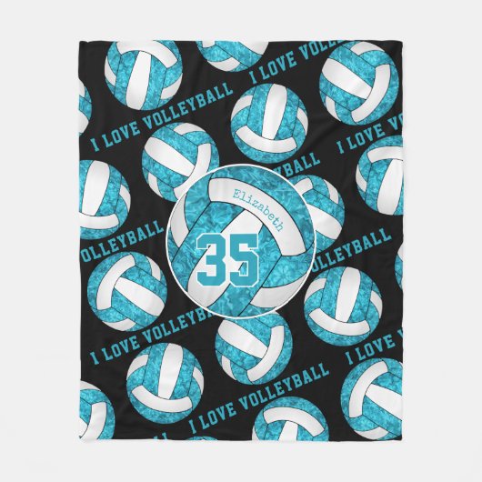 Couverture Polaire bleu turquoise blanc J'aime volleyball girly (Devant)